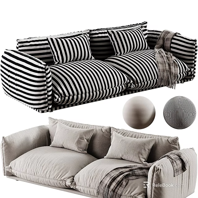 Black White Striped And Beige Two Seater Sofa With Soft Cushions And Blanket 3d model 