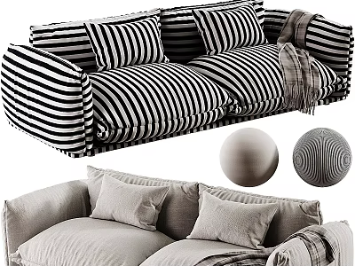 Black White Striped And Beige Two Seater Sofa With Soft Cushions And Blanket 3d model