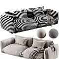 Black White Striped And Beige Two Seater Sofa With Soft Cushions And Blanket