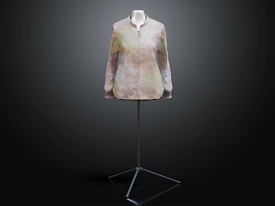 Stylish Long Sleeved Coat With Light Green And Beige Floral Pattern On Mannequin Stand 3d model