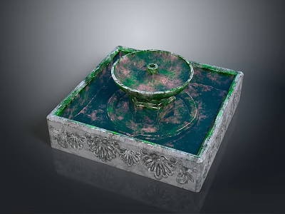 Decorative Square Fountain with Ornate Carved Base Circular Green Water Basin and Gray Stone Pedestal 3d model
