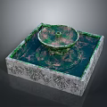 Decorative Square Fountain with Ornate Carved Base Circular Green Water Basin and Gray Stone Pedestal