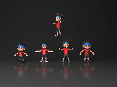Two Cartoon Characters In Red Shirts With Blue Headbands And Various Poses On Dark Background 3d model
