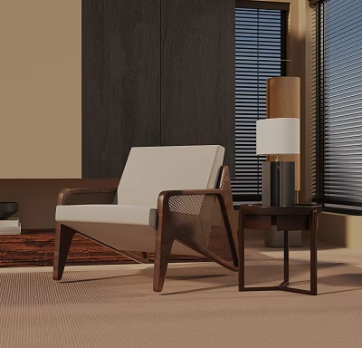 Modern Leisure Chair With White Cushion Wooden Frame And Side Table Lamp In Contemporary Living 3d model