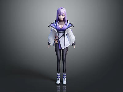 Stylish Game Movie Character Featuring Purple Hair Purple White Coat Black Tight Pants White Shoes 3d model
