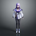 Stylish Game Movie Character Featuring Purple Hair Purple White Coat Black Tight Pants White Shoes 3d model