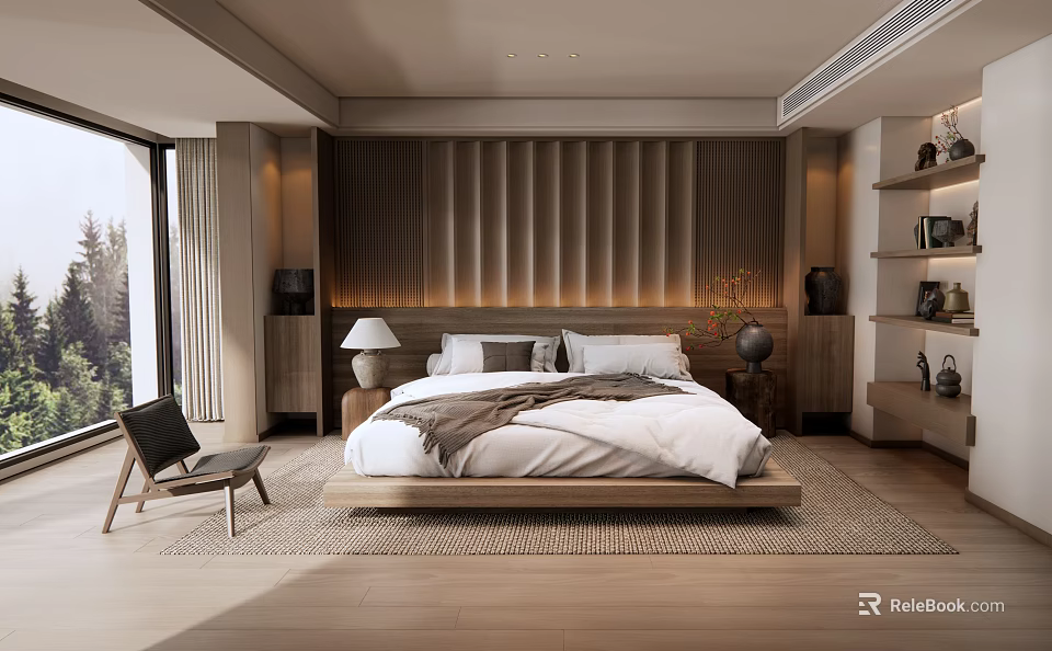 Modern Minimalist Bedroom With Wooden Platform Bed Tufted Headboard Natural Light Through Large Windows 3d model 