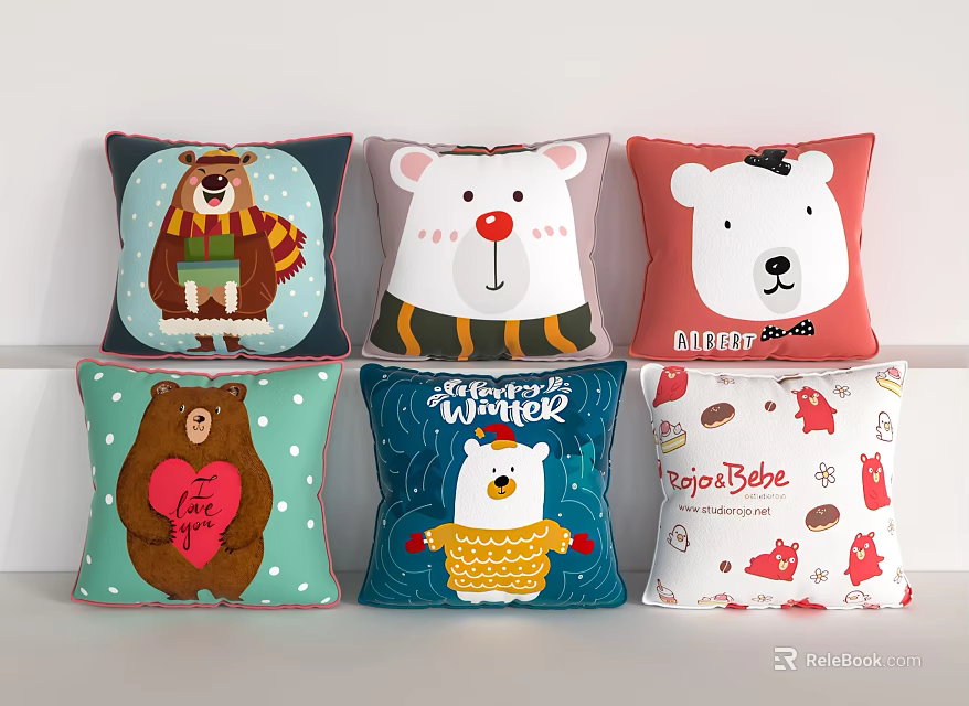 Cute Cartoon Animal Throw Pillows With Bear Polar Bear And Winter Theme Designs 3d model 
