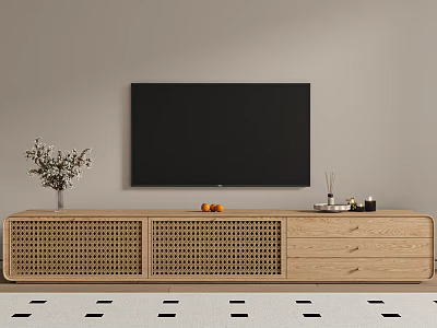 Wooden TV Stand With Rattan Panel Doors Drawers Flat Screen TV Oranges And Decorative Items 3d model