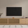 Wooden TV Stand With Rattan Panel Doors Drawers Flat Screen TV Oranges And Decorative Items
