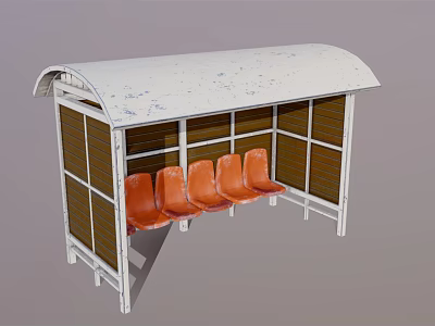 Bus Stop With Worn White Roof Brown Panels And Orange Seats 3d model