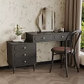 Elegant Gray Vanity Setup With Mirror Chair Floral Wallpaper And Green Plants Outside Window