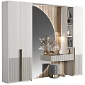 Modern Dressing Table with Large Round Mirror Decorative Flowers and Storage Cabinet 3d model
