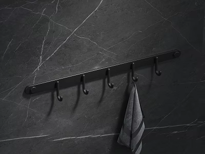 Black Bathroom Cabinet Rack with Multiple Hooks Hanging Gray Towel on Dark Marble Wall 3d model
