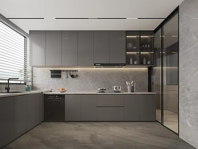 Sleek Modern Kitchen Interior With Gray Cabinets Marble Countertop And Appliances 3d model