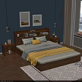 Wooden Double Bed with Bookshelf Headboard Gray Yellow Pillows Nightstands Pendant Lights