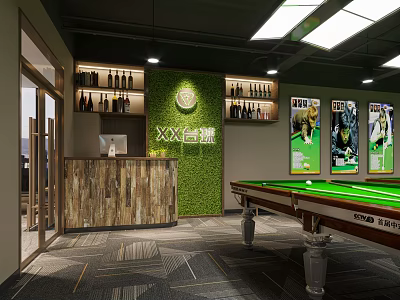 Modern Billiard Room With Green Wall Bar Counter Wine Racks And Decorative Posters 3d model