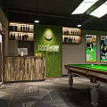 Modern Billiard Room With Green Wall Bar Counter Wine Racks And Decorative Posters