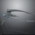 Futuristic Cosmic Spaceship with Long Curved Appendages Blue Glowing Elements and Yellow Accents
