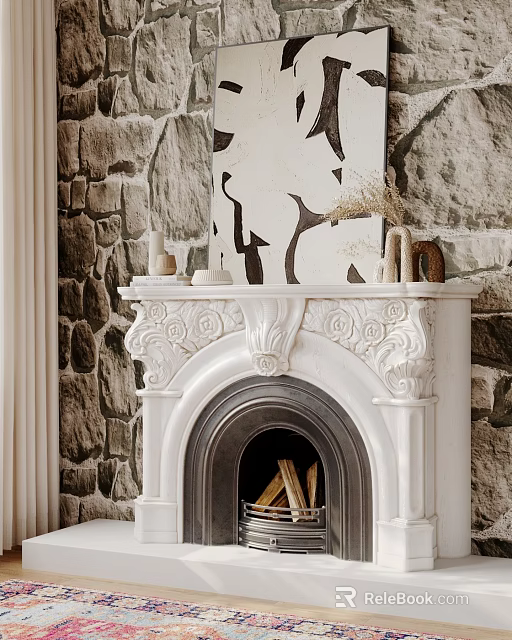 White Carved Fireplace With Stone Wall Background Wood Logs And Abstract Painting Above 3d model 