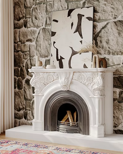 White Carved Fireplace With Stone Wall Background Wood Logs And Abstract Painting Above 3d model