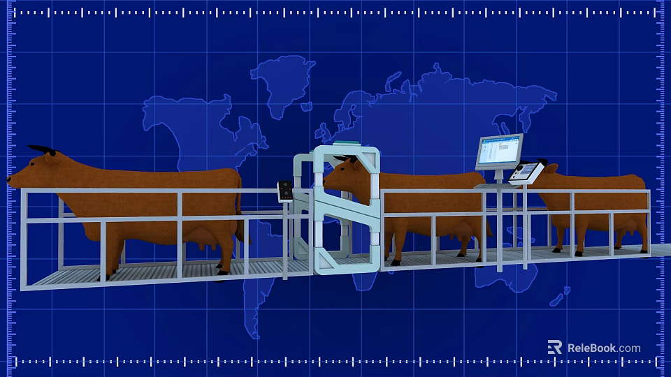 Commercial Cattle Inspection Equipment With Metal Chute And Computer Screens On World Map Background 3d model 