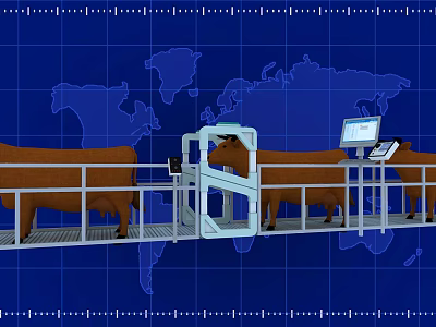 Commercial Cattle Inspection Equipment With Metal Chute And Computer Screens On World Map Background 3d model