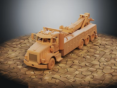 Wooden Tow Truck Model With Detailed Crane And Stone Textured Ground 3d model
