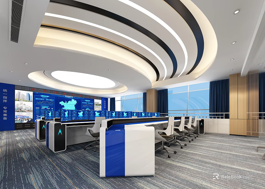 Modern Control Room With Workstations Large Screens Curved Ceiling And Windows 3d model 