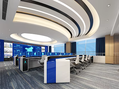 Modern Control Room With Workstations Large Screens Curved Ceiling And Windows 3d model