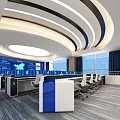 Modern Control Room With Workstations Large Screens Curved Ceiling And Windows 3d model