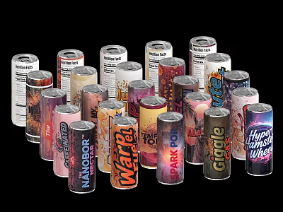 Assorted Colorful Energy Drink Cans From Different Brands On 3d model