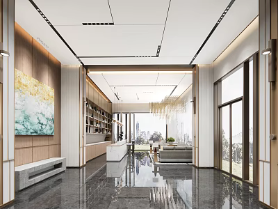 Hotel Public Lounge Area With Modern Elegant Design Large Windows Artwork Bookshelves And Comfortable Sofa 3d model