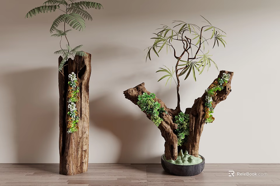 Decorative Bonsai Potted Plants in Tree Trunk Containers with Green Foliage and Moss 3d model 