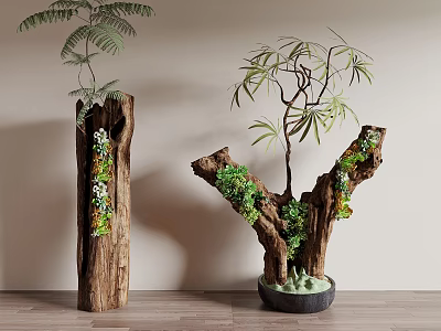 Decorative Bonsai Potted Plants in Tree Trunk Containers with Green Foliage and Moss 3d model