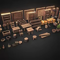 Wooden Furniture Components With Shelves Tables Stools Cabinets Crates Barrels And Cactus Plants