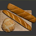 Freshly Baked Golden Round Bread And Crispy Baguette On Wooden Board