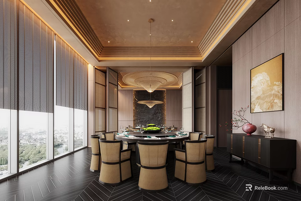Luxurious Private Dining Room With Round Table And Elegant Decor 3d model