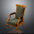 Vintage Wooden Chair with Orange Frame Green Upholstered Seat Backrest and Ornate Carved Armrests Legs