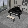 Black Grand Piano with Bench in Bright Room Near Window and Bookshelves