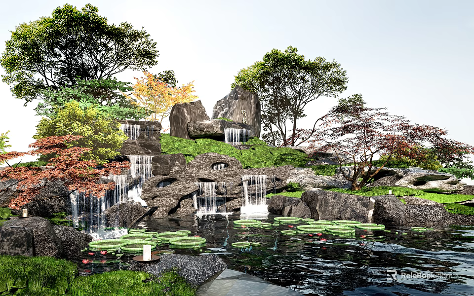 Natural Rock Garden Landscape With Stone Rocks Wood Elements Waterfalls And Lotus Pond 3d model 