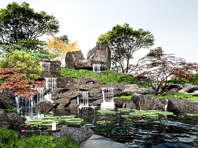 Modern rockery stone landscape sketch rockery falling water landscape stone 3d model