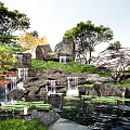 Natural Rock Garden Landscape With Stone Rocks Wood Elements Waterfalls And Lotus Pond