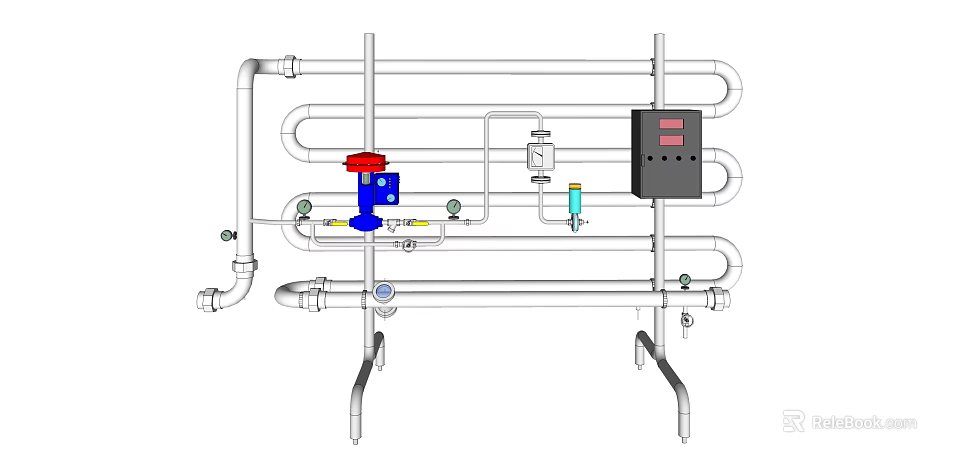 Industrial Piping System With Valves Pressure Gauges Control Panel And Layout Design 3d model 
