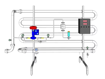 Industrial Piping System With Valves Pressure Gauges Control Panel And Layout Design 3d model