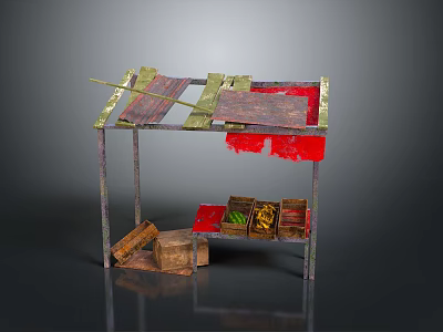 Shabby Street Vendor Stall With Wooden Structure Red Cloth And Goods Boxes 3d model