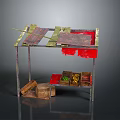 Shabby Street Vendor Stall With Wooden Structure Red Cloth And Goods Boxes