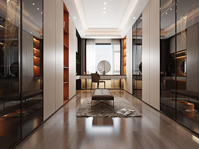 Modern Walk in Closet Interior With Glass Cabinets Wooden Accents And Bench 3d model
