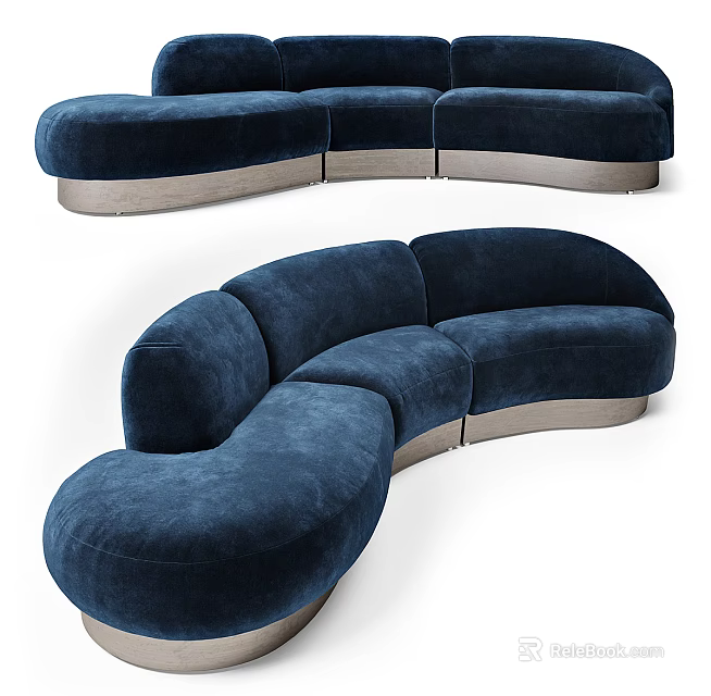 Elegant Navy Blue Velvet Curved Sectional Sofa With Modern Metal Base 3d model 