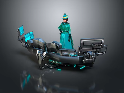 Woman in Green Dress and Hat Standing Beside Futuristic Mechanical Structure with Blue Lights 3d model